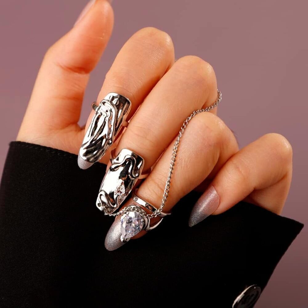 4pcs Punk Silver Fingertip Nail Rings Set with Knuckle Chain for Women Girls
